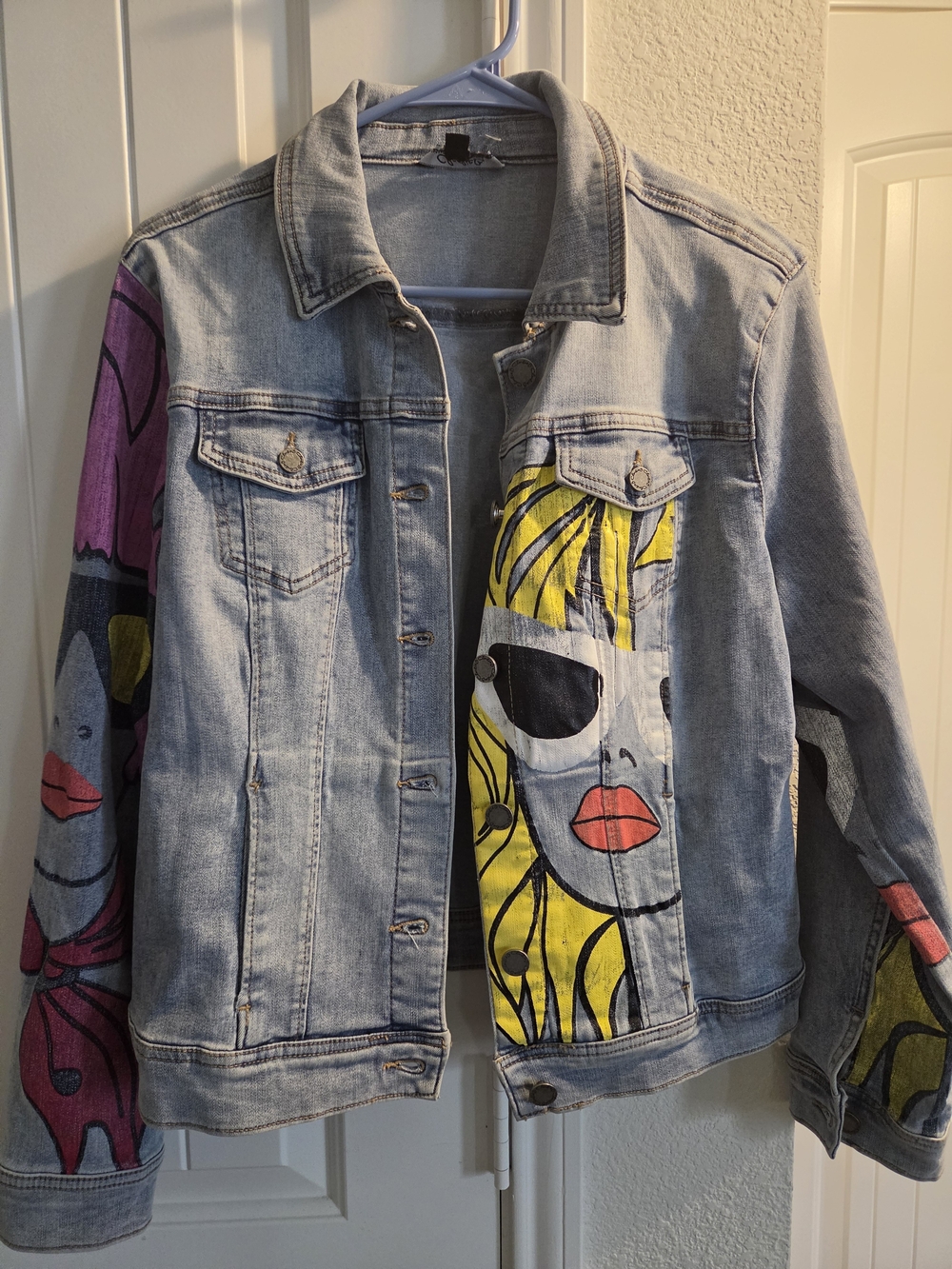 Denim Jacket with Artistic Pop-Art Print - Blue & Yellow